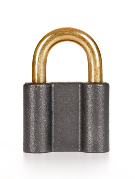 Metal padlock on white background