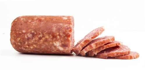 sausage sliced and isolated on white.