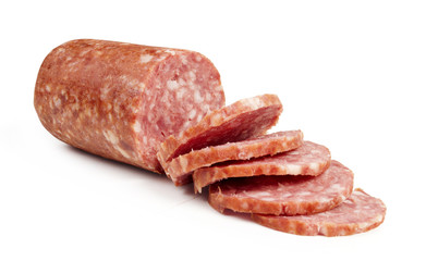 Sausage cut by slices on a white background