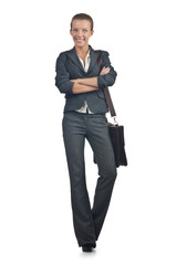 Businesswoman with briefcase on white