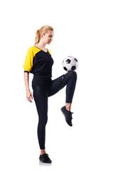 Woman playing football on white