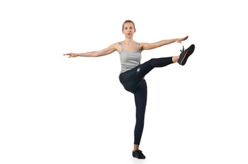 Woman doing exercises on white
