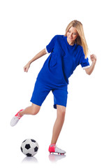 Fototapeta premium Woman playing football on white