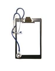 A medical desk with a stethoscope isolated on a white background