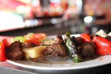 beef kababs on the grill closeup