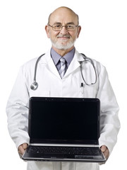 a doctor with stethoscope and laptop