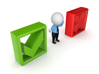 3d small person between tick and cross marks.