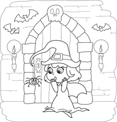  Halloween kleine heks in griezelig huis kleuren © carlafcastagno