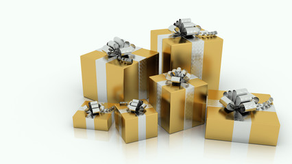 festive presents with golden paper and silvered ribbon bow