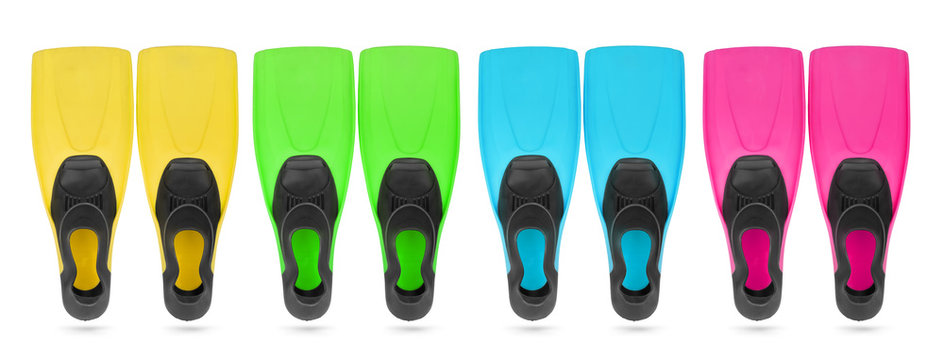 Four color flippers for diving on white background