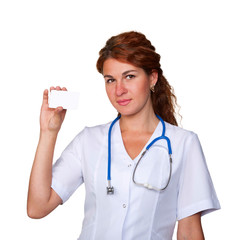 doctor holding white card. Space for your logo or symbol.