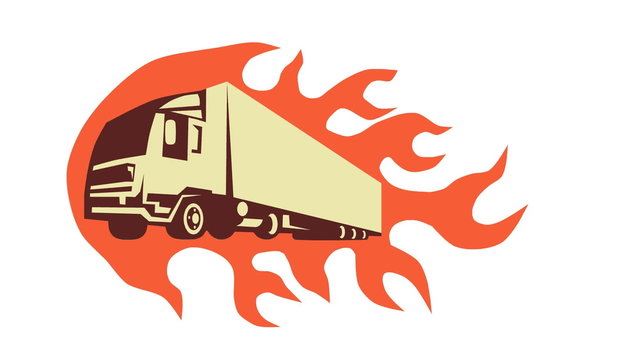 Container Truck and Trailer Flames Retro