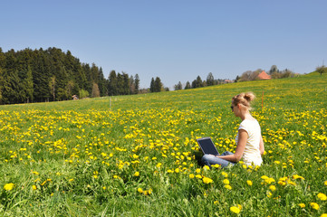 Fototapeta premium Girl with a laptop on the spring meadow