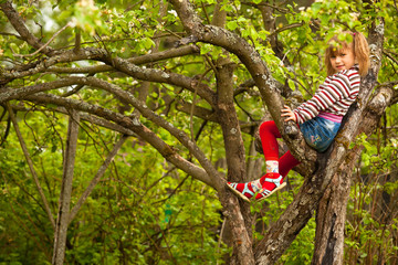 Lovely little girl posing sitting on a tree in the garden