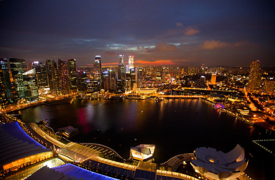 Night scene of financial district from roof Marina Bay Hotel.