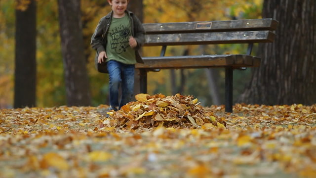Running boy throws autumn leaves and falls to the ground