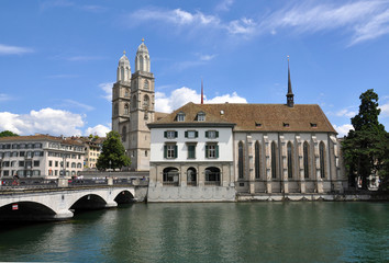 Zurich City Hall and Grossmuenster church across Limmat river
