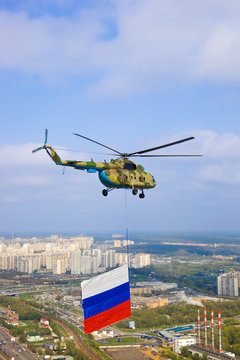 Helicopter with russian flag over Moscow at parade of victory da