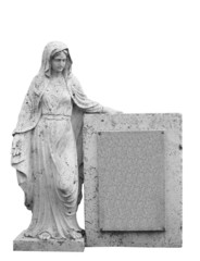 Female statue as tombstone. Isolated on white.