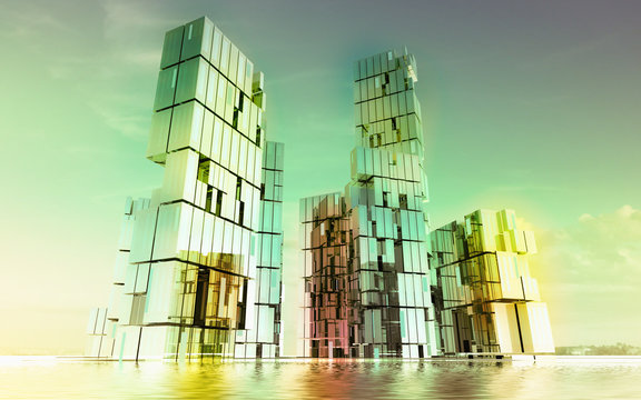 colorful shining glass buildings of business city project