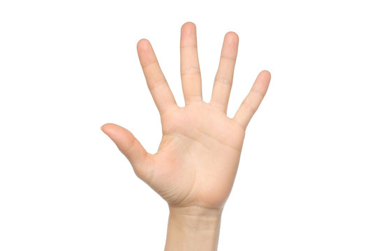 Woman hand showing five fingers on white background