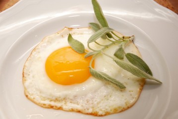 uovo nel piatto con foglie di salvia