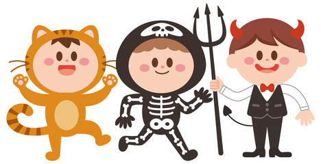 ハロウィン　仮装　猫　がい骨　悪魔　子供達　イラスト