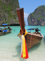 Decorated long tail boat in Maya bay of Phi-Phi island