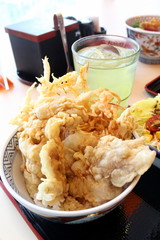 Japanese food, tempura on rice with green tea