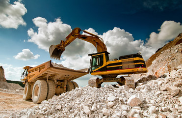 bulldozer excavator in quarry - obrazy, fototapety, plakaty