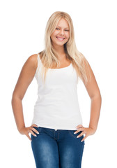 Fototapeta premium smiling teenage girl in blank white t-shirt