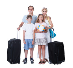 Happy Family With Luggage Going For Vacation