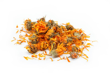Herbs. Dried calendula or pot marigold flowers isolated on white