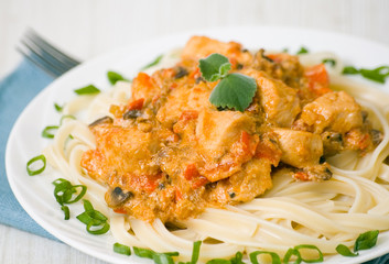 chicken breast with vegetables and mushrooms in a creamy sauce 