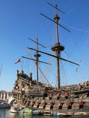 Old Spanish galleon in the port of Genoa, Italy