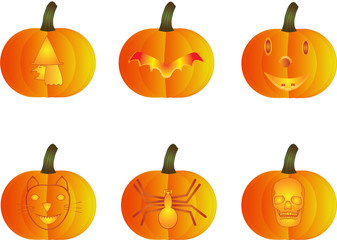 A Witch,Bat,Smiling Face,Cat,Spider and Skull Halloween Pumpkins