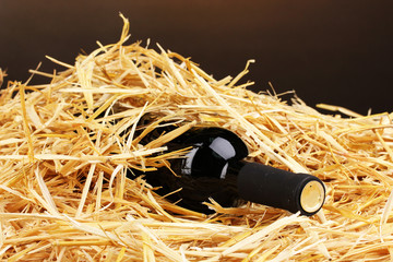 Bottle of great wine on hay on brown background