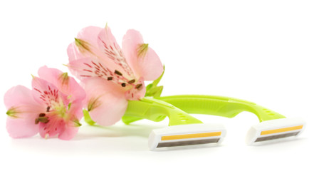 woman safety shavers and flowers isolated on white.