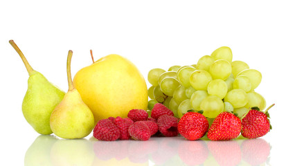 Mix of ripe sweet fruits and berries isolated on white