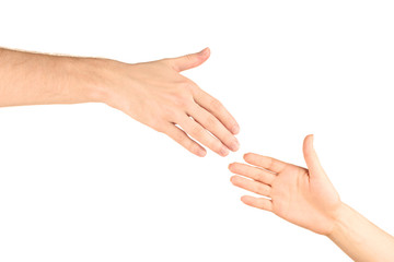 Women's hand goes to the man's hand on white background