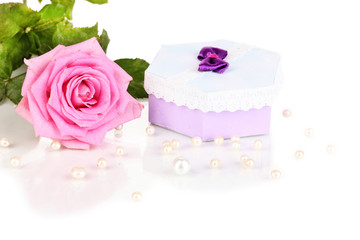 Beautiful pink rose with wonderful gift in purple box isolated