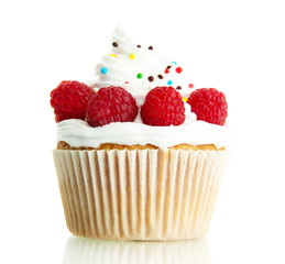 tasty cupcake with berries, isolated on white