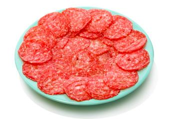 tasty sausage on plate, isolated on white