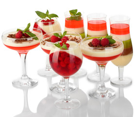 fruit jelly with chocolate and pberries in glasses isolated