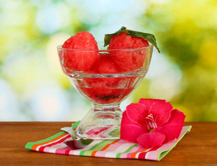 Watermelon ice cream in a glass goblet