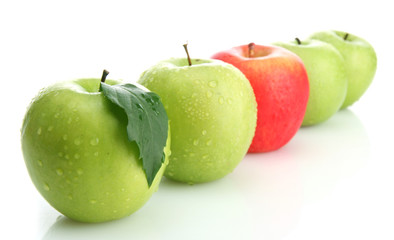 Ripe green apples and one red apple isolated on white