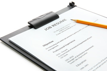 resume with pencil  on clipboard, isolated on white