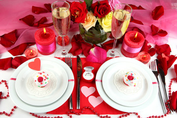 Table setting in honor of Valentine's Day close-up