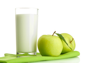 Glass of kefir and green apples, isolated on white