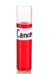 Test tube labeled Cancer isolated on white